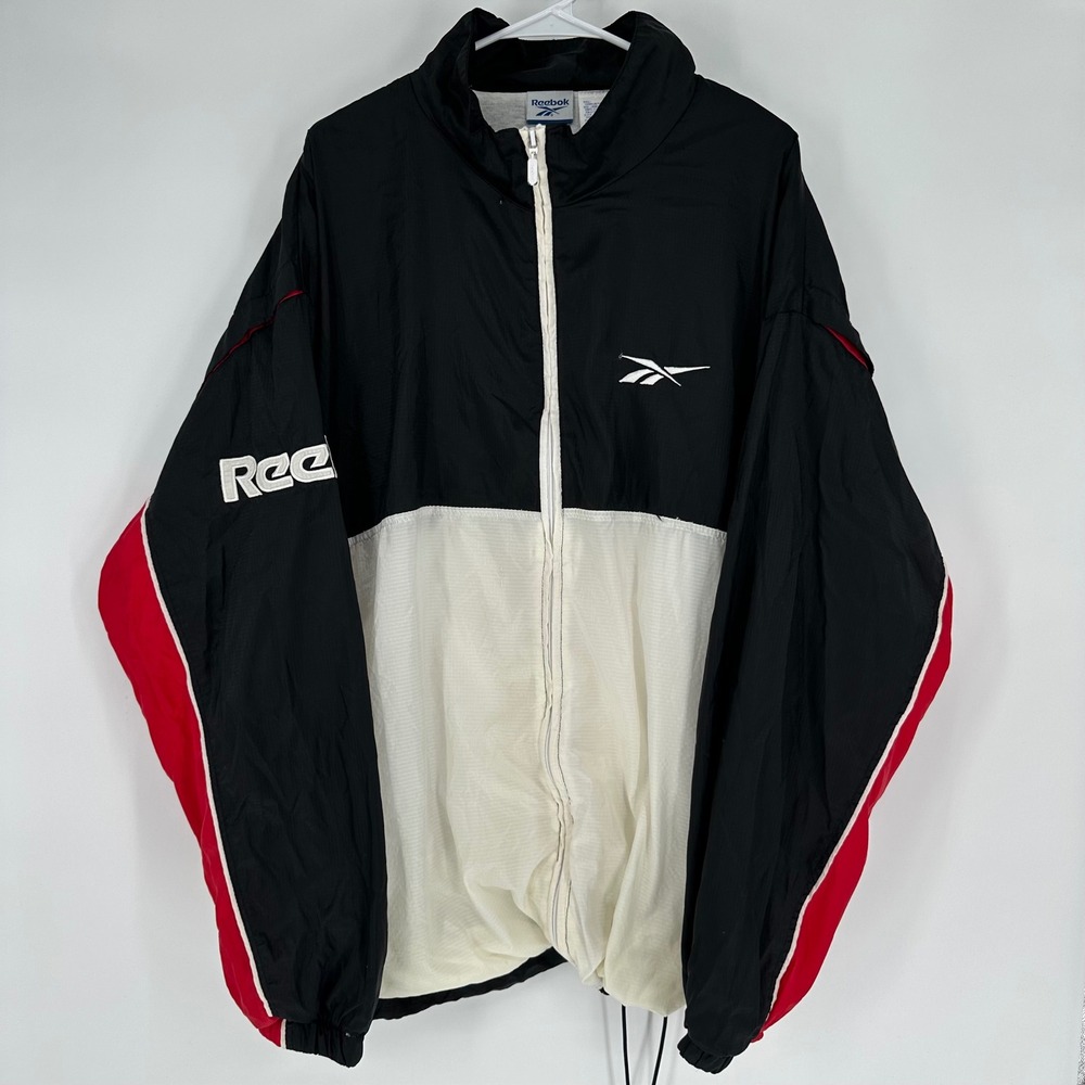 Vintage 90s Reebok Windbreaker Jacket Black White Red Colorblock XXLT Large Logo